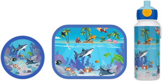 Set de repas bleu sur le thème des requins, comprenant une boîte à lunch, un pot de conservation et une gourde avec des scènes sous-marines.