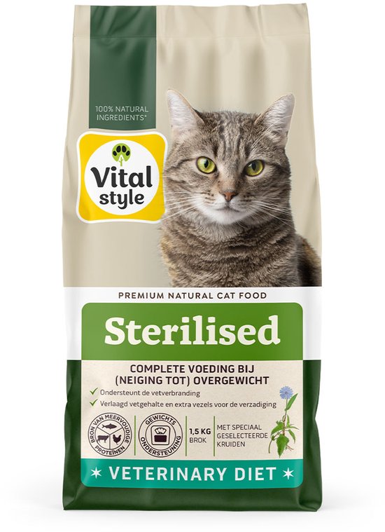 VITALstyle Sterilised - Kattenbrokken - Dieetvoer Voor Geleidelijk Gewichtsverlies En Behoud - Tegen Overgewicht - Met o.a. Brandnetel & Mariadistel - 1,5 kg