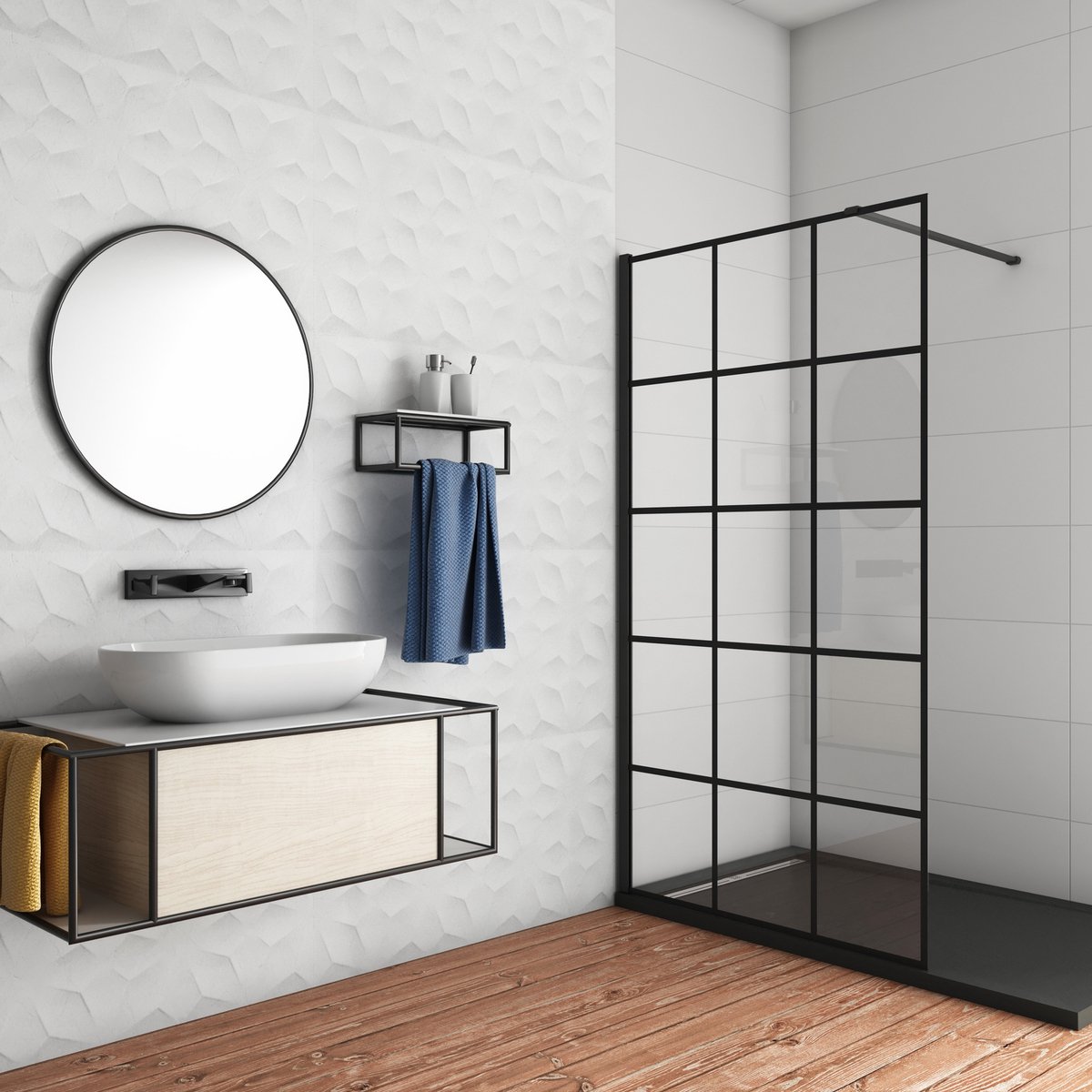 Douchewand-Inloopdouche 140x200cm met mat Zwart kader en raster 8mm NANO EasyClean veiligheidsglas mat zwart profiel N-Form 90cm Stabilisatiestang