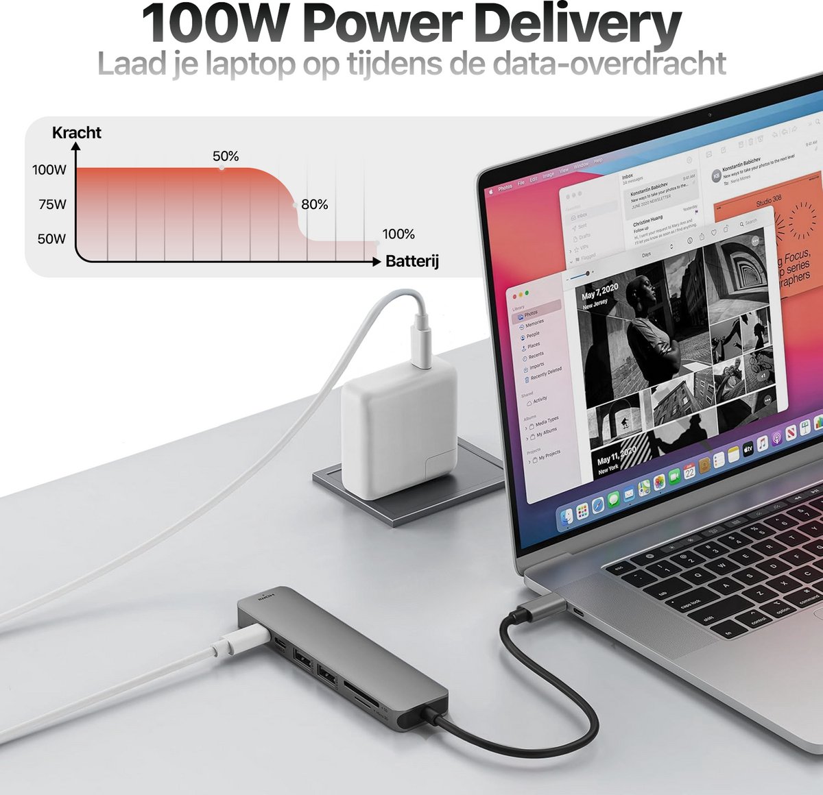 USB C Hub 7-in-1 met HDMI 4K, SD/Micro SD kaartlezer, 3x USB 3.0, 100W opladen, aluminium docking station - Afbeelding 2
