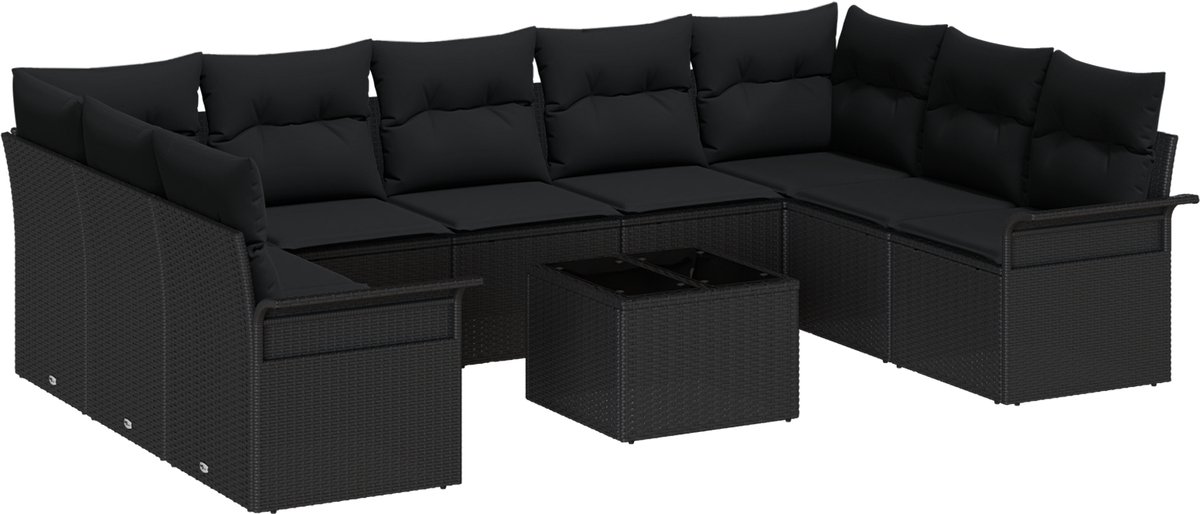 vidaXL - Tuinbank - Set - met - kussen - 10 - pcs - Zwart - poly - rattan