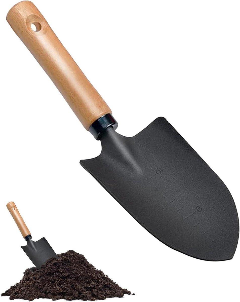 Handtroffel van koolstofstaal - kleine schop met schuine buigvaste punt, inclusief meetdieptemarkering - zware spade voor tuinieren, verplanten en losmaken van grond