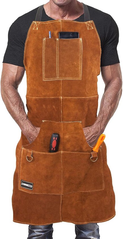 DIMWELD Leren Lasschort Heavy Duty – Hitte- En Vlamwerend Met 6 Zakken, Donker Bruin