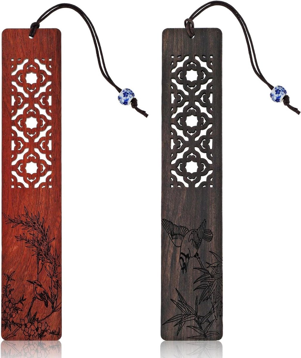 Houten boekenleggers - Holle vintage bladwijzers met bloemen en vogelpatroon (2 stuks)