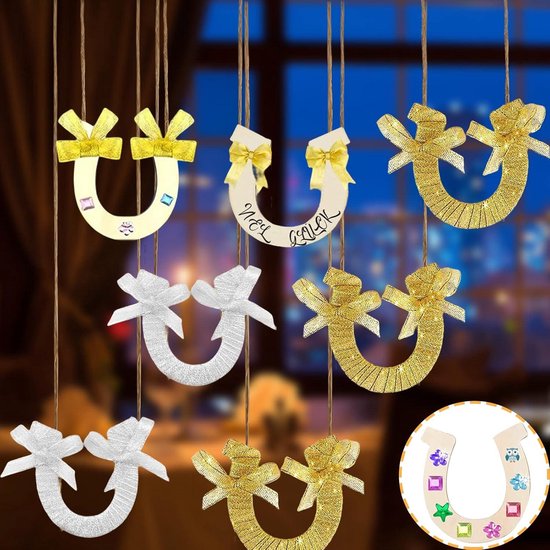 Houten hoefijzers, 24 stuks, hoefijzers, voor kinderverjaardag, met 12 aquarelstiften 3 paillettenstickers 2 glitterlinten, houten hoefijzers