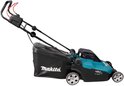 Zijaanzicht van turquoise en zwarte Makita grasmaaier met opvangzak.