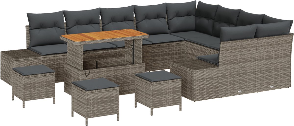 vidaXL - Tuinbank - Set - met - kussen - 13 - pcs - Grijs - poly - rattan