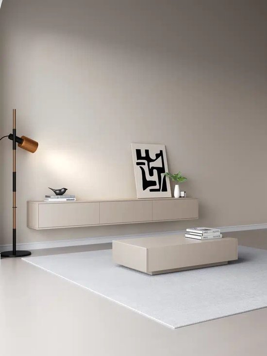 Massief TV Meubel - Beige - 180x32x30 cm - 3 soft-close deuren - Puch-to-Open Kliksysteem