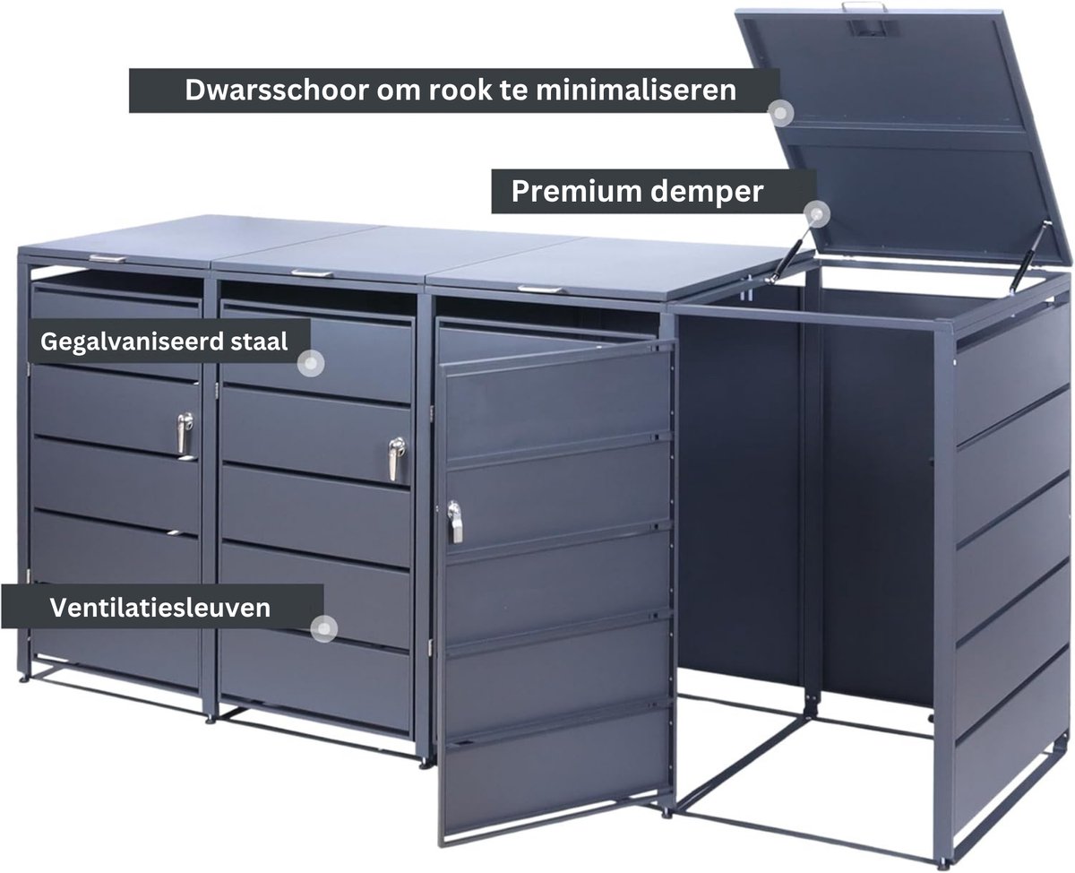 Albatros afvalcontainerbox voor 4 containers | tot 240 liter | antracietgrijs RAL 7016 | verzinkt staal | premium dempers | stickerset | weerbestendig | verstelbare poten | deurklink met slot | tuinbox — afbeelding 3