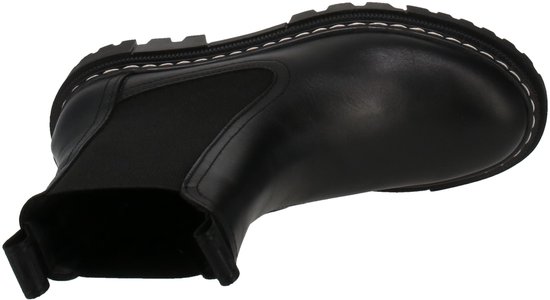 Zwarte Tamaris chelsea laars met witte stiksels, elastische zijkanten en grove zool.