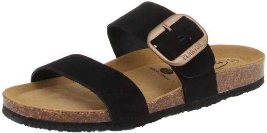 Zwarte Plakton slipper met gesp aan de zijkant, bandjes van zwart suède en een kurken zool.
