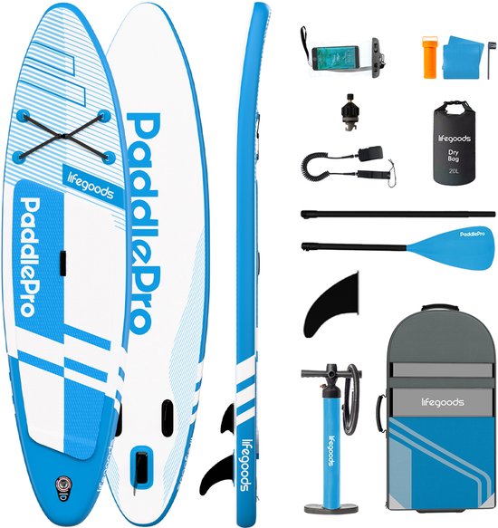 LifeGoods PaddlePro SUP Board Pro - Pro Set - Opblaasbaar Paddle Board - Max. 150KG - 320x81cm - Sky Blue