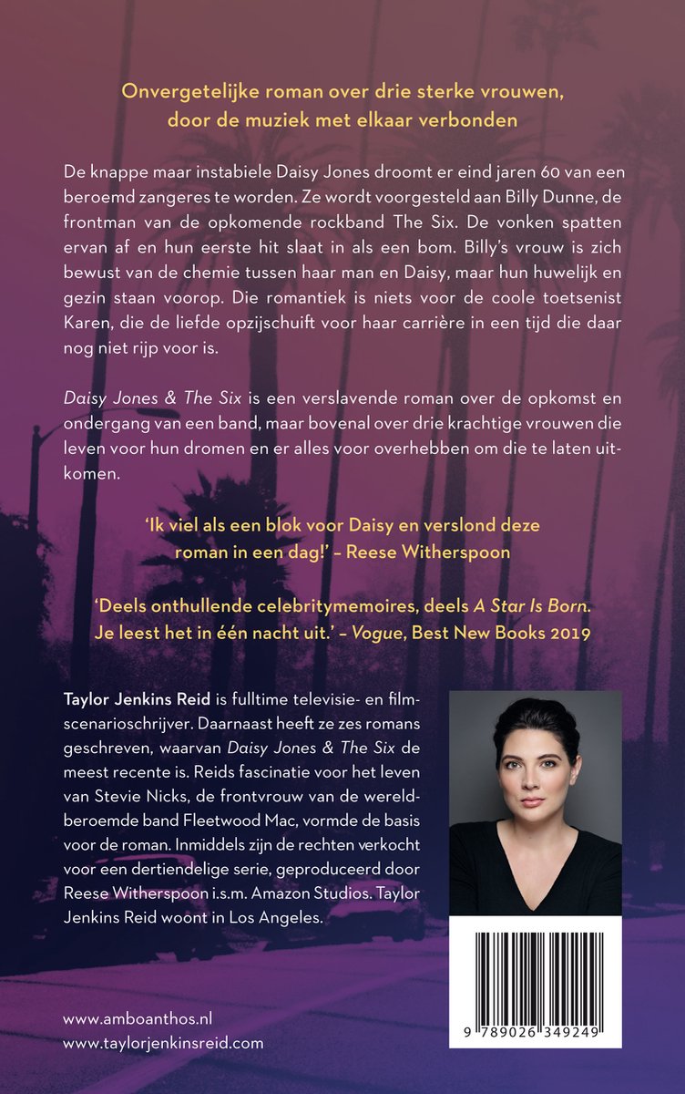 Achterkant van het boek Daisy Jones & The Six met een foto van de auteur Taylor Jenkins Reid.