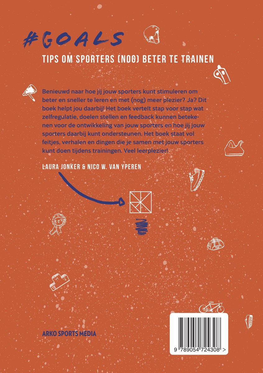 Oranje omslag met de titel '#GOALS TIPS OM SPORTERS (NOG) BETER TE TRAINEN' en illustraties van sportartikelen.