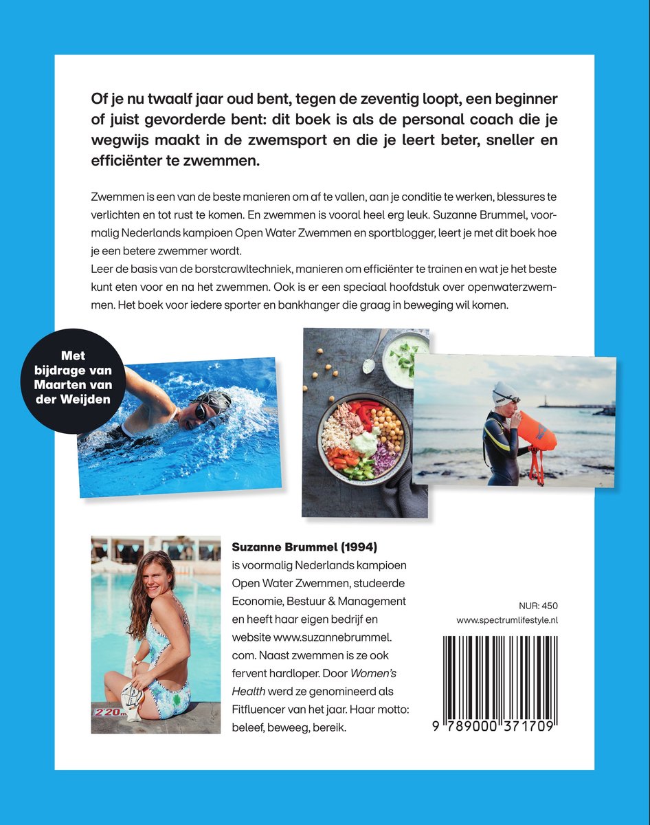 Achterkant van het boek 'Zwem' met foto's van een zwemmer, een gezonde maaltijd en een zwemmer met reddingsboei. Met tekst over Suzanne Brummel.