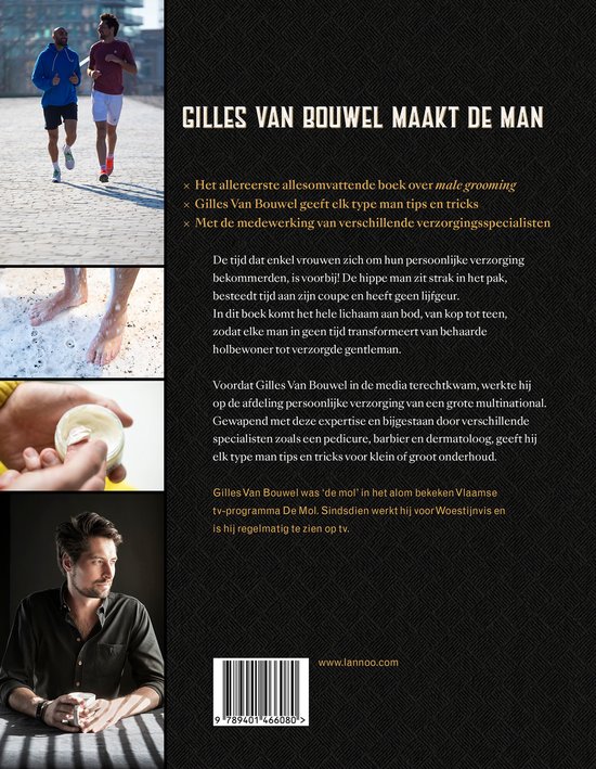 Twee mannen rennen op een betegeld pad in de stad. Een close-up van voeten in een schuimbad. Een hand met een potje crème. Gilles Van Bouwel kijkt naar de camera.