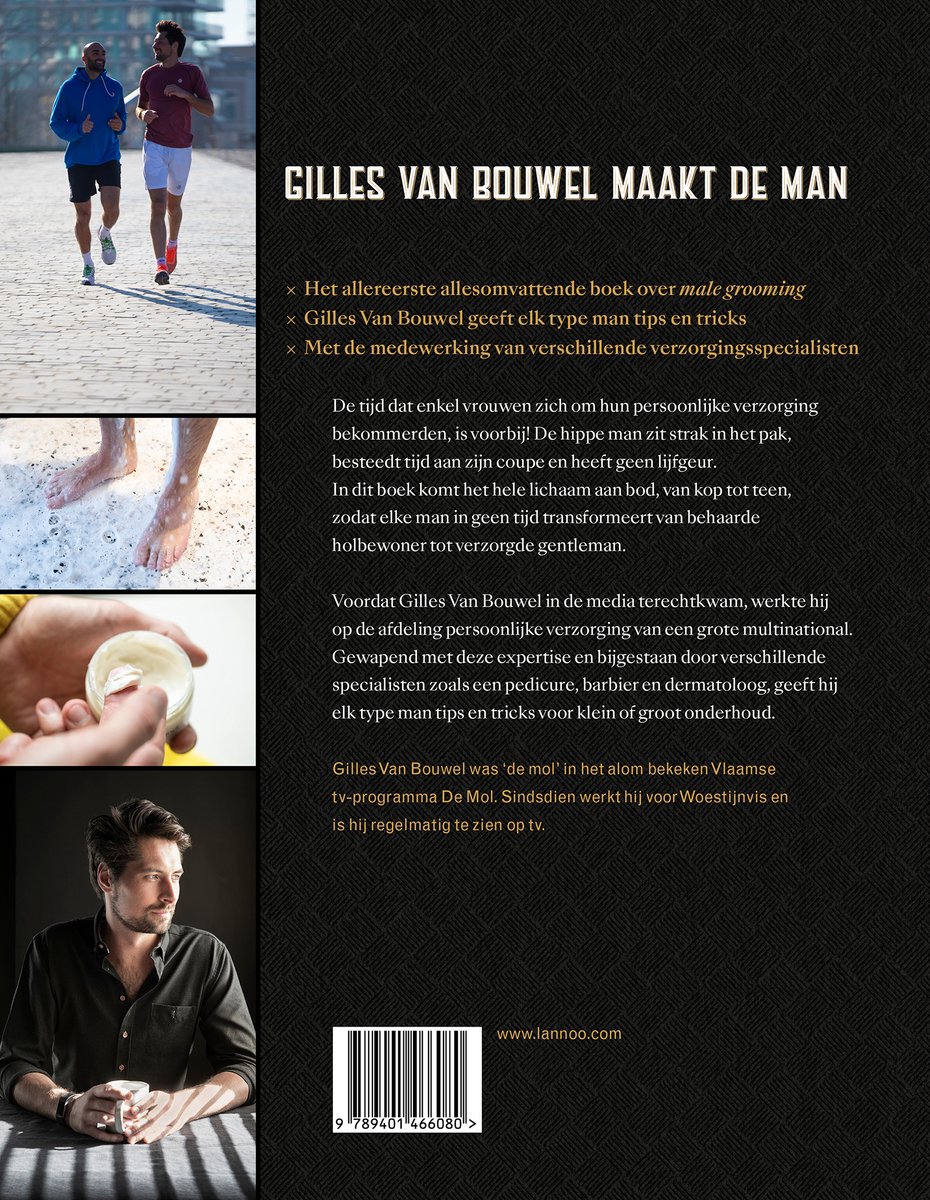 Twee mannen rennen op een betegeld pad in de stad. Een close-up van voeten in een schuimbad. Een hand met een potje crème. Gilles Van Bouwel kijkt naar de camera.