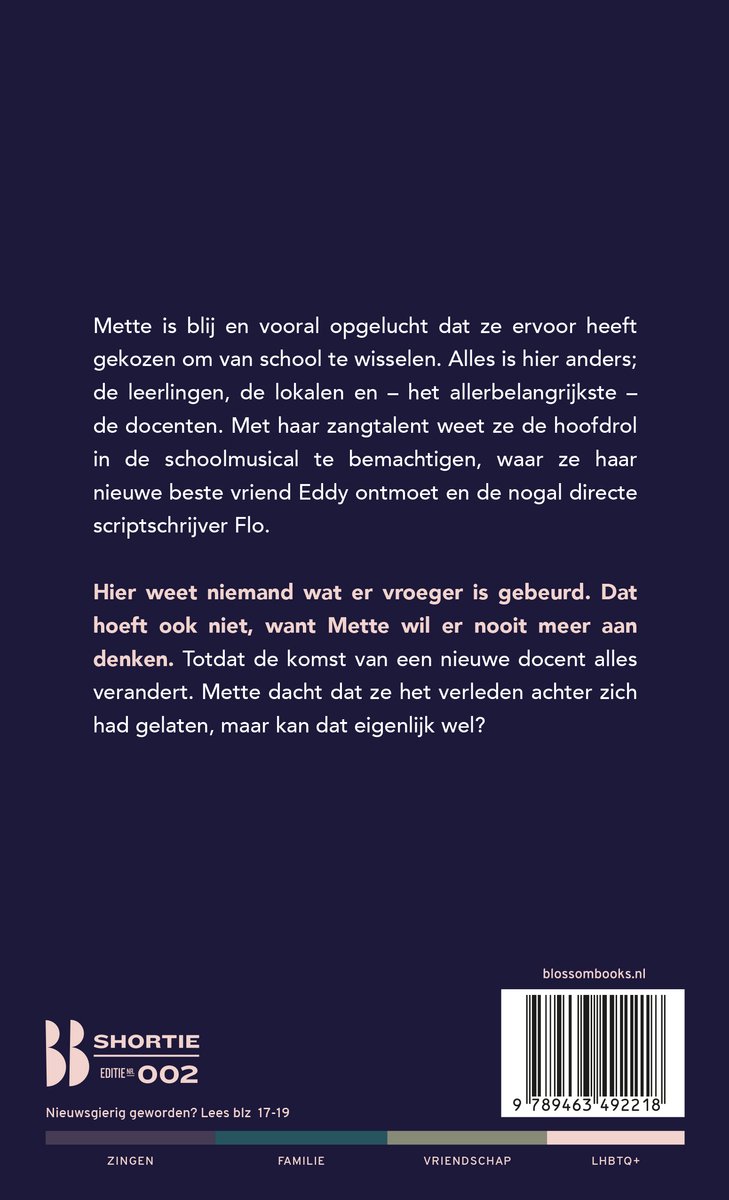 Achterkant boek 'De tweede stem'. Tekst over Mette die wisselt van school. ISBN en barcode.