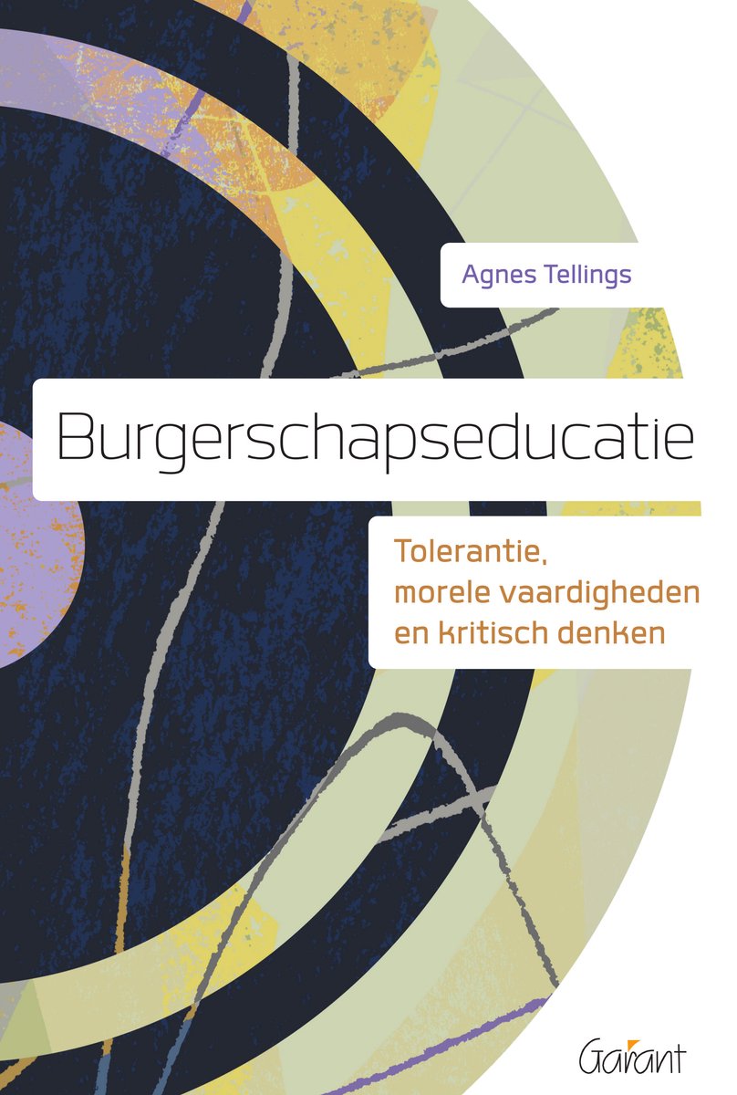 Boek 'Burgerschapseducatie' met tekst en abstracte grafische elementen in blauw, paars en geel.