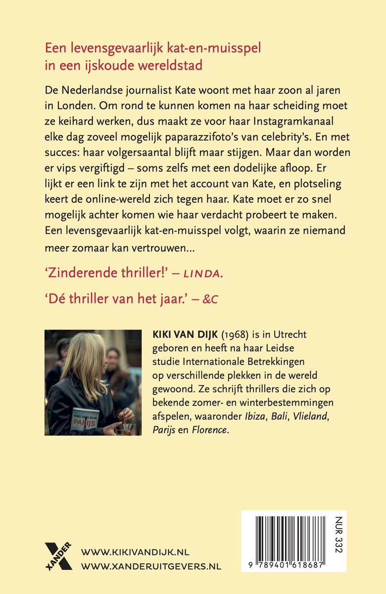 Achterkant van een boek met tekst over "KIKI VAN DIJK" en een foto van een vrouw met blond haar met een boek genaamd "KIKI VAN DIJK PARIS".
