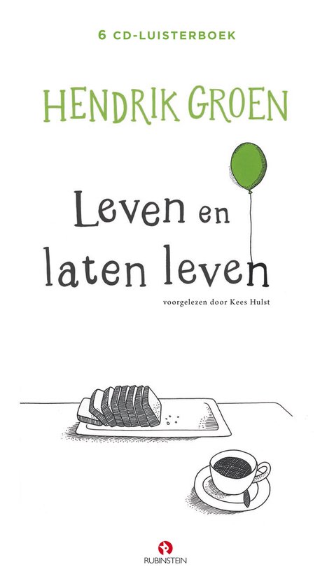 Kaart van een luisterboek met de titel 'Leven en laten leven' in groene letters. Rechtsboven een groene ballon. Linksonder een schaal met brood en een kopje koffie.