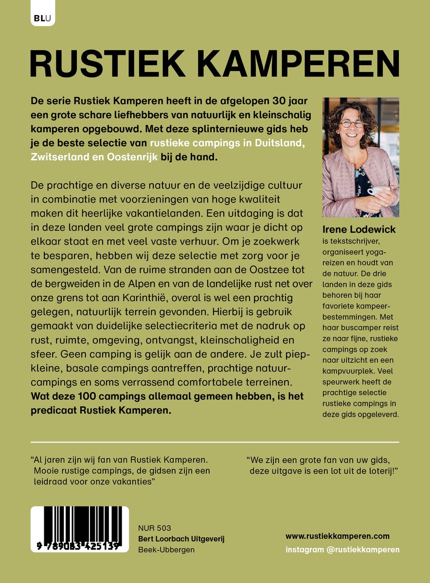 Boekomslag: De serie Rustiek Kamperen met tekst en een portret van Irene Lodewick.