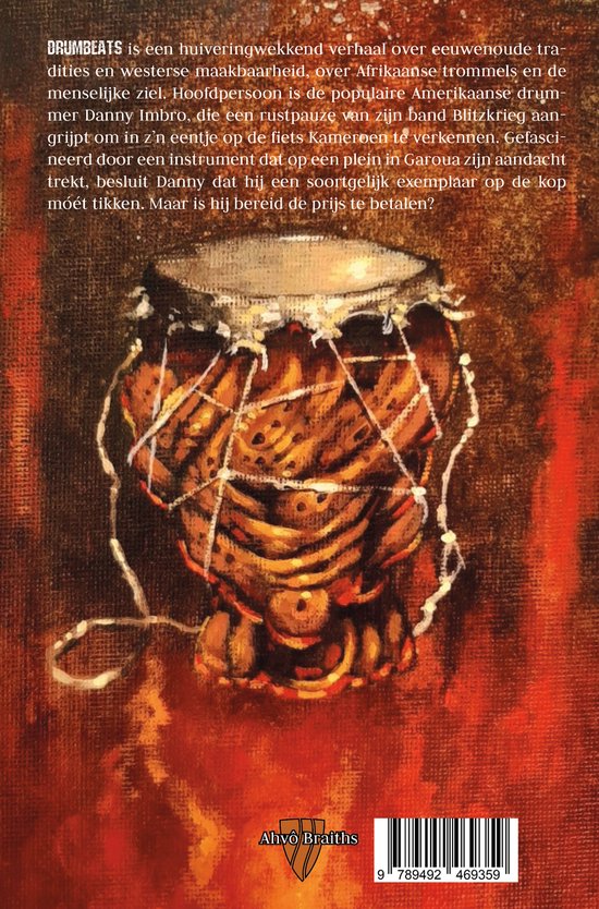 Omslag van het boek "DRUMBEATS" met een Afrikaanse trommel met touwen en vuur.