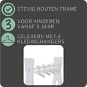 Stevig houten frame, voor kinderen vanaf 3 jaar, geleverd met 4 kledinghangers.