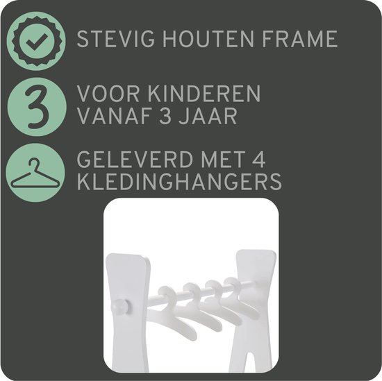 Stevig houten frame, voor kinderen vanaf 3 jaar, geleverd met 4 kledinghangers.