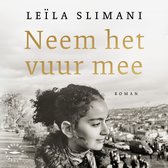 Boek "Neem het vuur mee" van Leïla Slimani, met een portret van een jonge vrouw en de tekst "ROMAN".