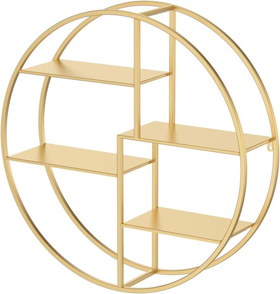 Gouden rond wandrek met vier liggende planken in een cirkelvormige gouden frame.