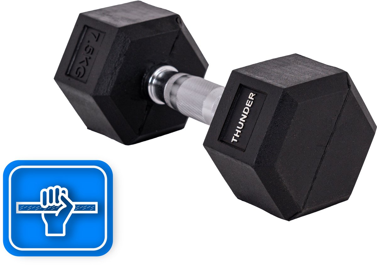 THUNDER® HEXAGONAL-DUMBBELLS-7,5KG Zwarte Rubberen Halter Stalen Kern Voor Krachttraining & Fitness Antislip Duurzaam & Professioneel Per Stuk - Stevige Grip – foto 3