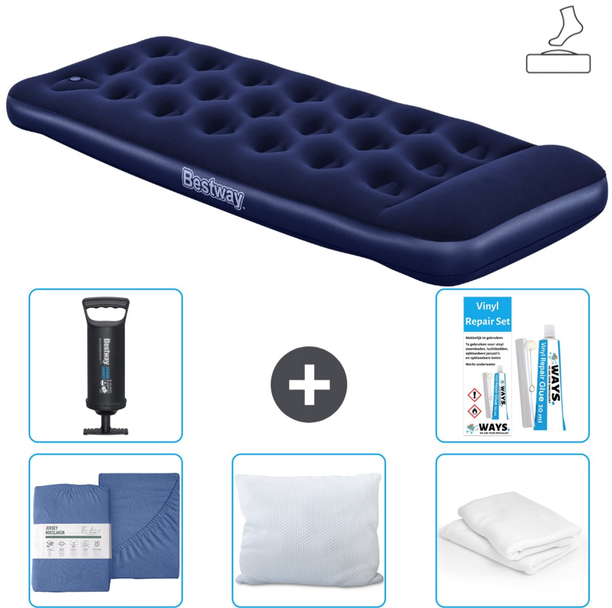 Bestway luchtbed - 1-Persoons - 76 x 185 x 28 cm - Blauw - Inclusief pomp - Hoeslaken - Kussen - Kussenbeschermer - Pomp en Reparatieset