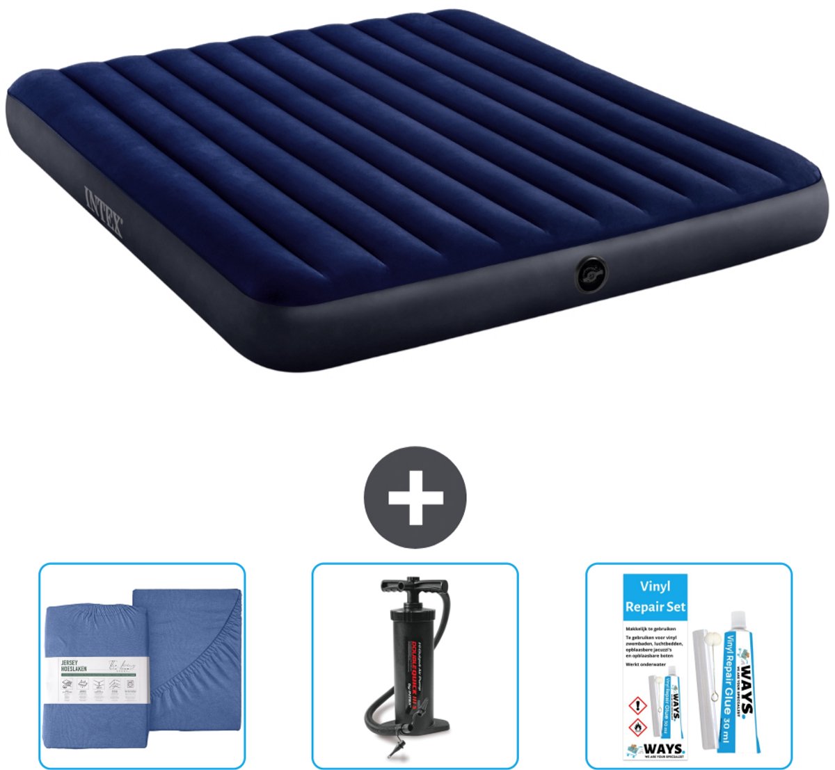 Intex Luchtbed - 2-Persoons - 183 x 203 x 25 cm - Blauw - Inclusief Hoeslaken - Pomp en Reparatieset