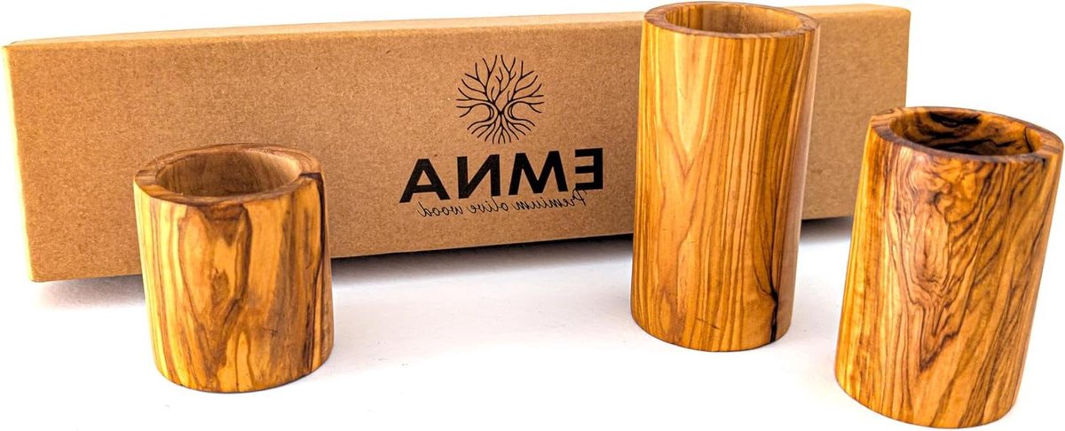 Cadeau-idee: Luxe Olijfhouten Set van 3 Theelichthouders - Handgemaakte Unicaten Limited Edition - Hoogte ca. 6, 8 en 10 cm - Inclusief Geschenkdoos - Romantische Decoratie - Cadeau voor Vrouwen