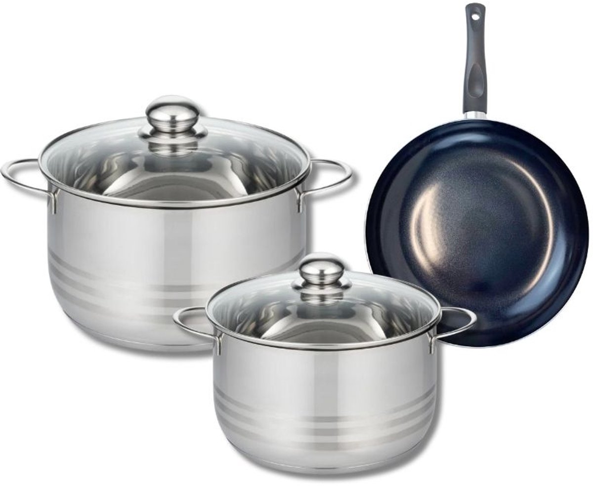 Set van 1 Koekenpan 20 cm en 2 kookpotten 20 en 24 cm Elo Prima Glanzend