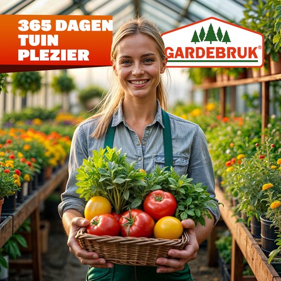 Vrolijke vrouw met schort, met mand vol tomaten en kruiden in een kas met bloemen.