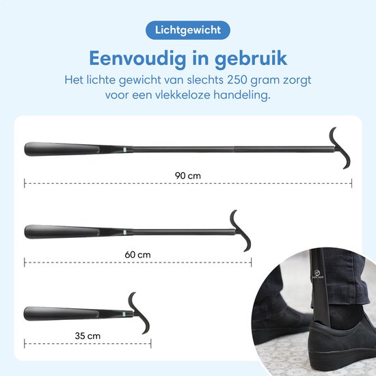 Drie zwarte schoenlepels in de lengtes 35 cm, 60 cm en 90 cm, met detail van de greep.