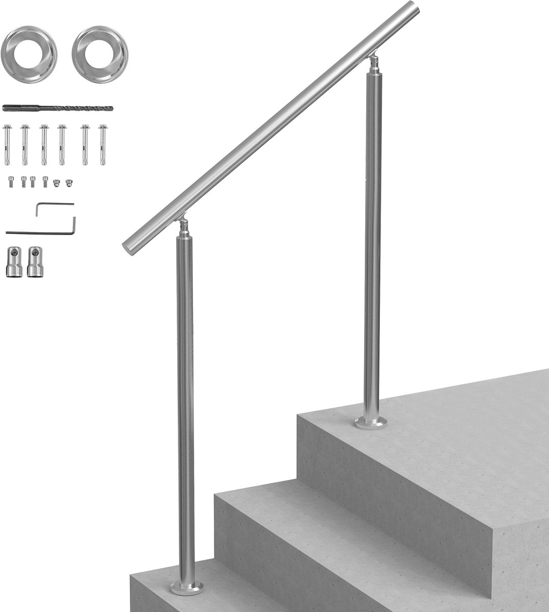 Buitentrapleuning - RVS Dubbele Staander Trapleuningset - Lengte 100 cm - Met Montageset - Antislip Handgreep - Voor Veranda & Terras - Geschikt Voor Senioren