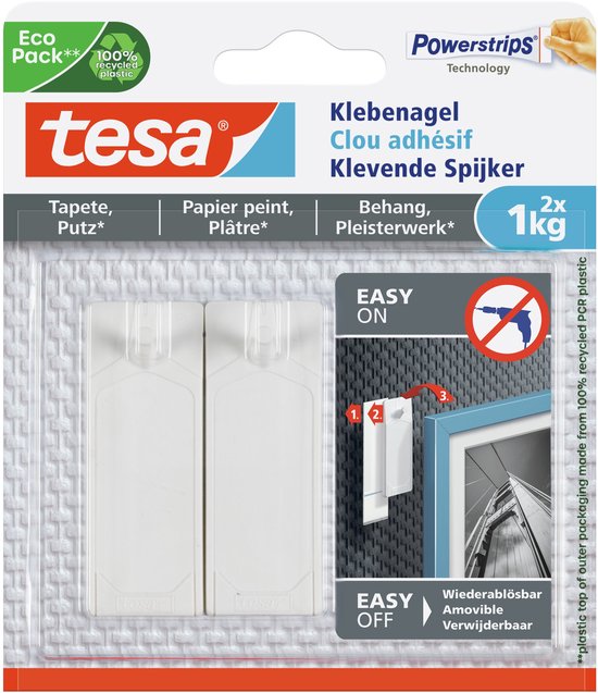 Klevende spijker tesa® behang en pleisterwerk 1kg wit 2 stuks