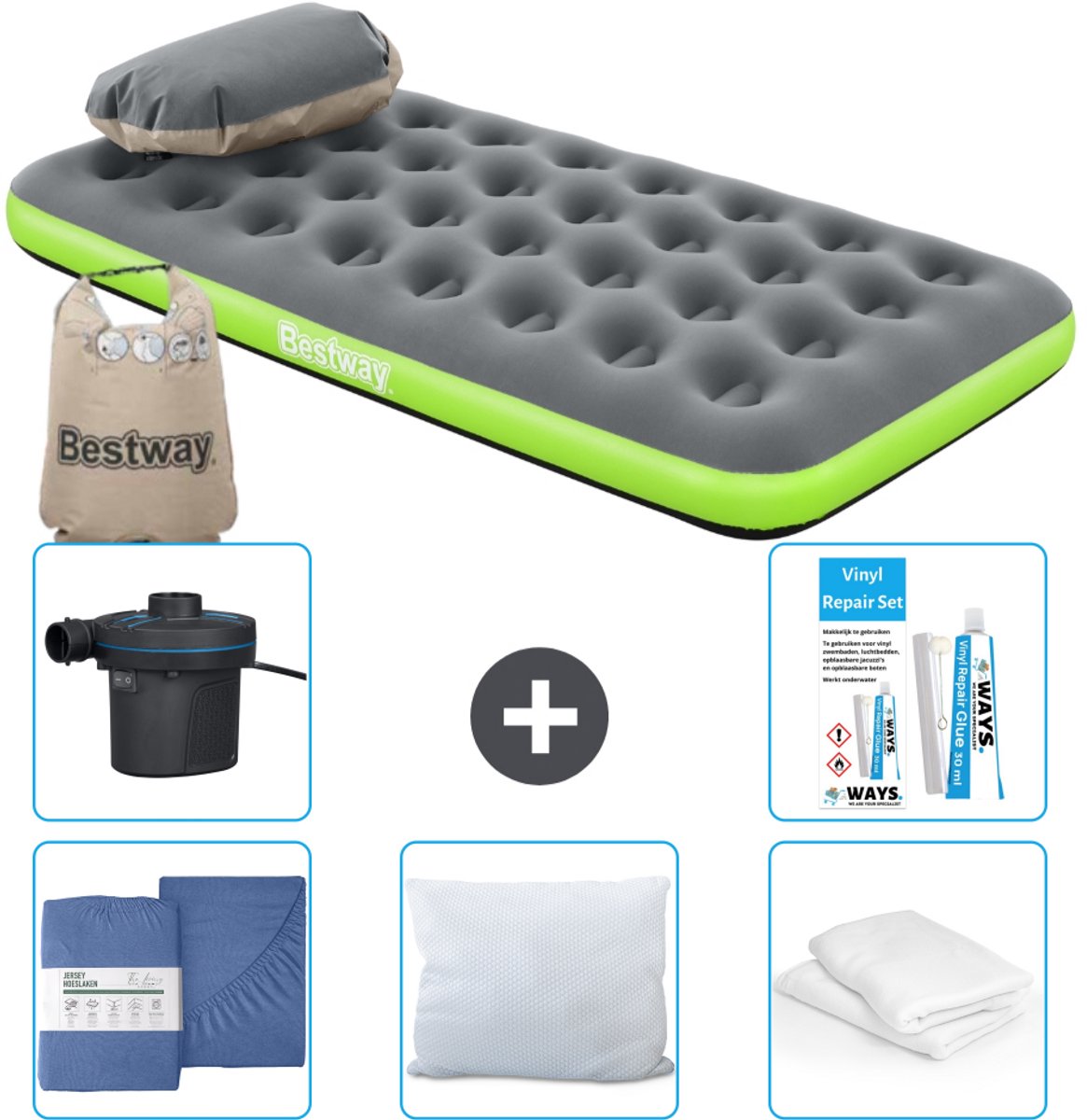 Bestway luchtbed - 1-Persoons - 99 x 188 x 22 cm - Grijs/Groen - Inclusief Hoeslaken - Kussen - Kussenbeschermer - Pomp en Reparatieset
