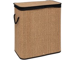 5Five Dubbele Wasmand met deksel - bamboe hout - 100 Liter- naturel zwart - 52 x 32 x 63 cm - sorteren mand