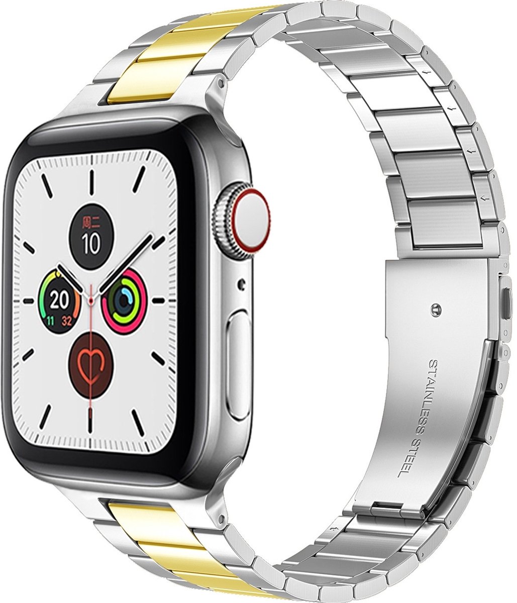 Mobigear Stalen Watch bandje geschikt voor Apple Watch Bandje Vouwsluiting | Mobigear Lissabon - 42/41/40/38 mm - Goud / Zilver