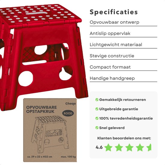 Cheqo® Vouwbare Opstapkruk - Opstapje - Trapje - Kruk - Krukje - Keukentrap - Keukentrapje - Opvouwbaar - Anti-Slip - ABS Materiaal - Max. 100 kg - Rood van Cheqo — afbeelding 5