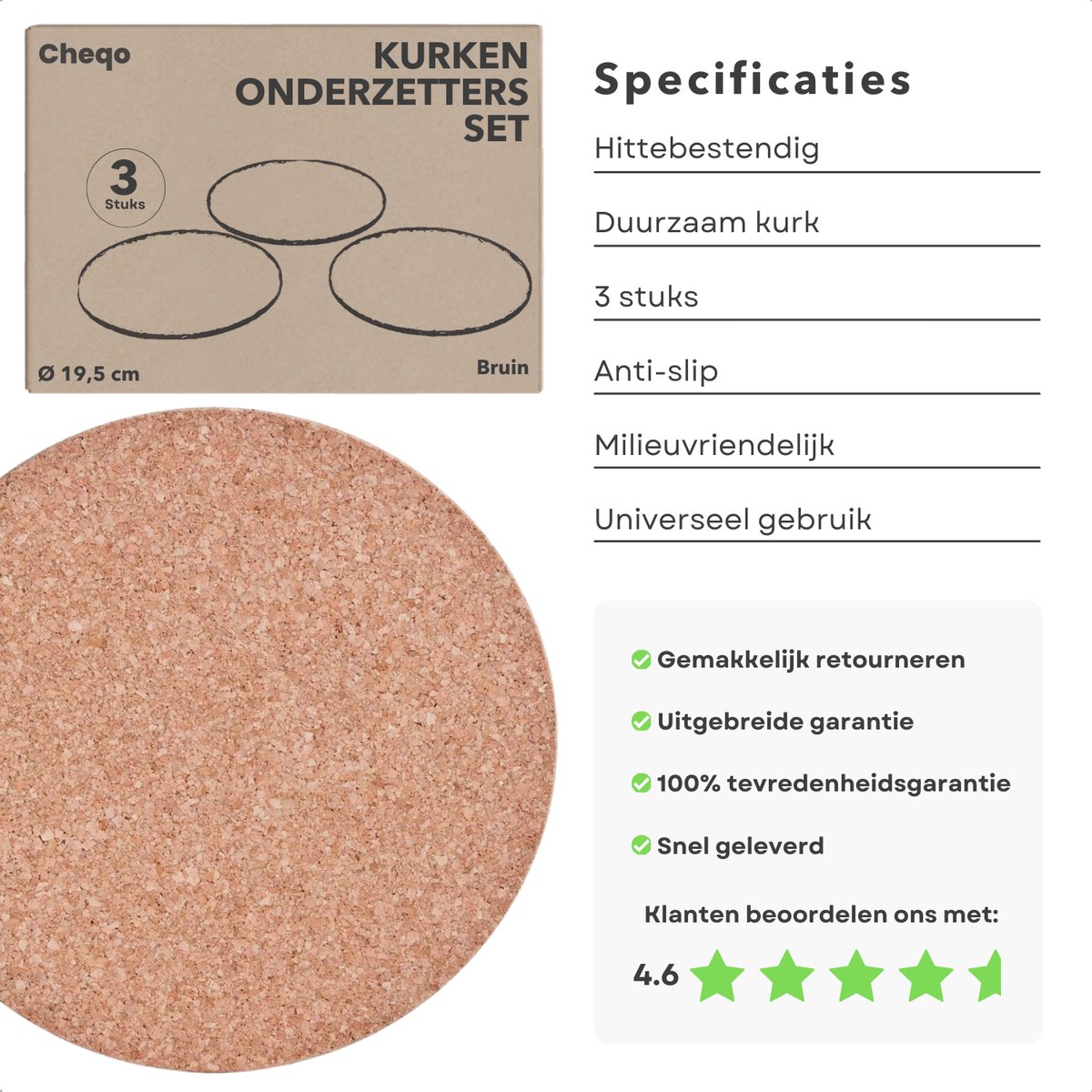 Cheqo® Kurken Pannenonderzetter - Onderzetter voor Pannen - Hittebestendig - Panonderzetter - Tafelbescherming - Set van 3