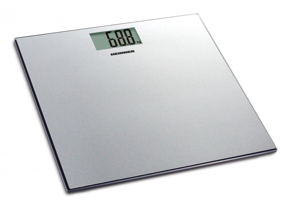 Heinner HBS-180SS Digitale Personenweegschaal – Maximaal 180 kg – Glazen Platform – Automatische In- en Uitschakeling – Digitaal Display – Overbelastingsindicator – Werkt op 2 AAA-batterijen – RVS weegschaal Vierkant Zilver Elektronische weegschaal