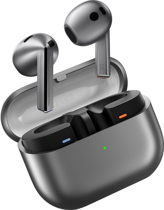 Grijze Samsung Galaxy Buds3 oordopjes naast een open grijs laadstation.
