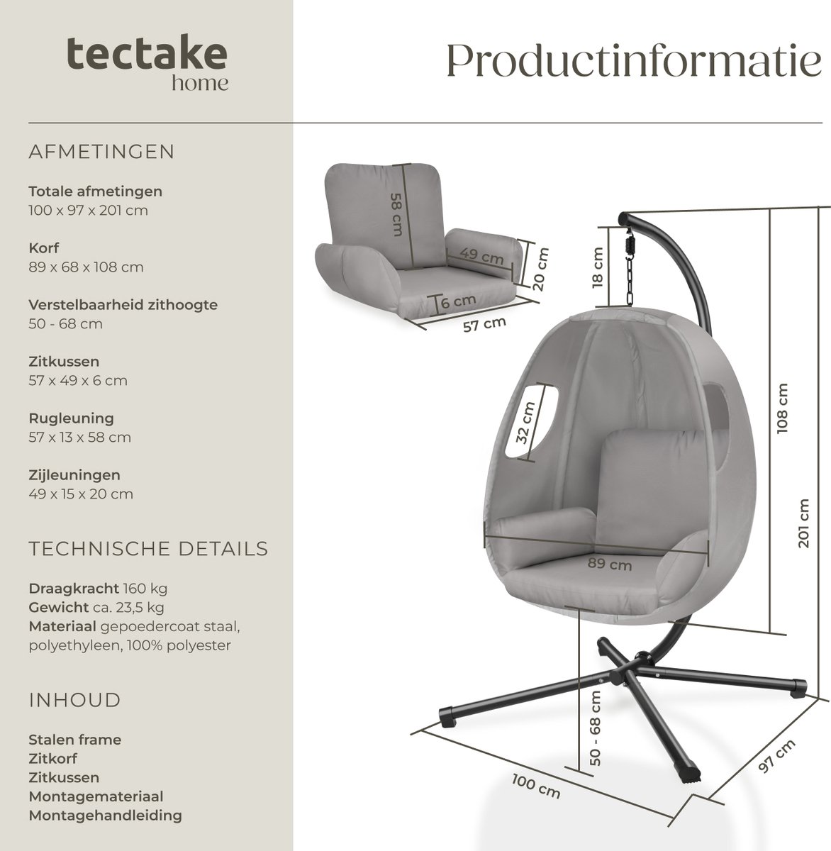 tectake tectake Hangstoel met frame - afbeelding 5