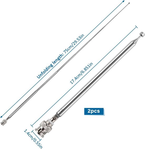 2 stuks 74 cm 7 secties telescopische antenne, draagbare telescopische antenne, draagbare FM-radio-antennes, voor tv Dab AM/FM stereo-ontvangst