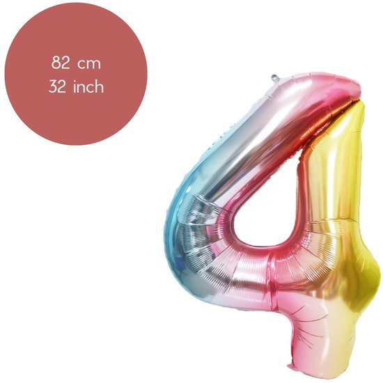 Fienosa Cijfer Ballonnen nummer 4 - Regenboog kleuren - 82 cm - Helium Ballon - Leeftijd verjaardag - Verjaardagsballon - Verjaardag